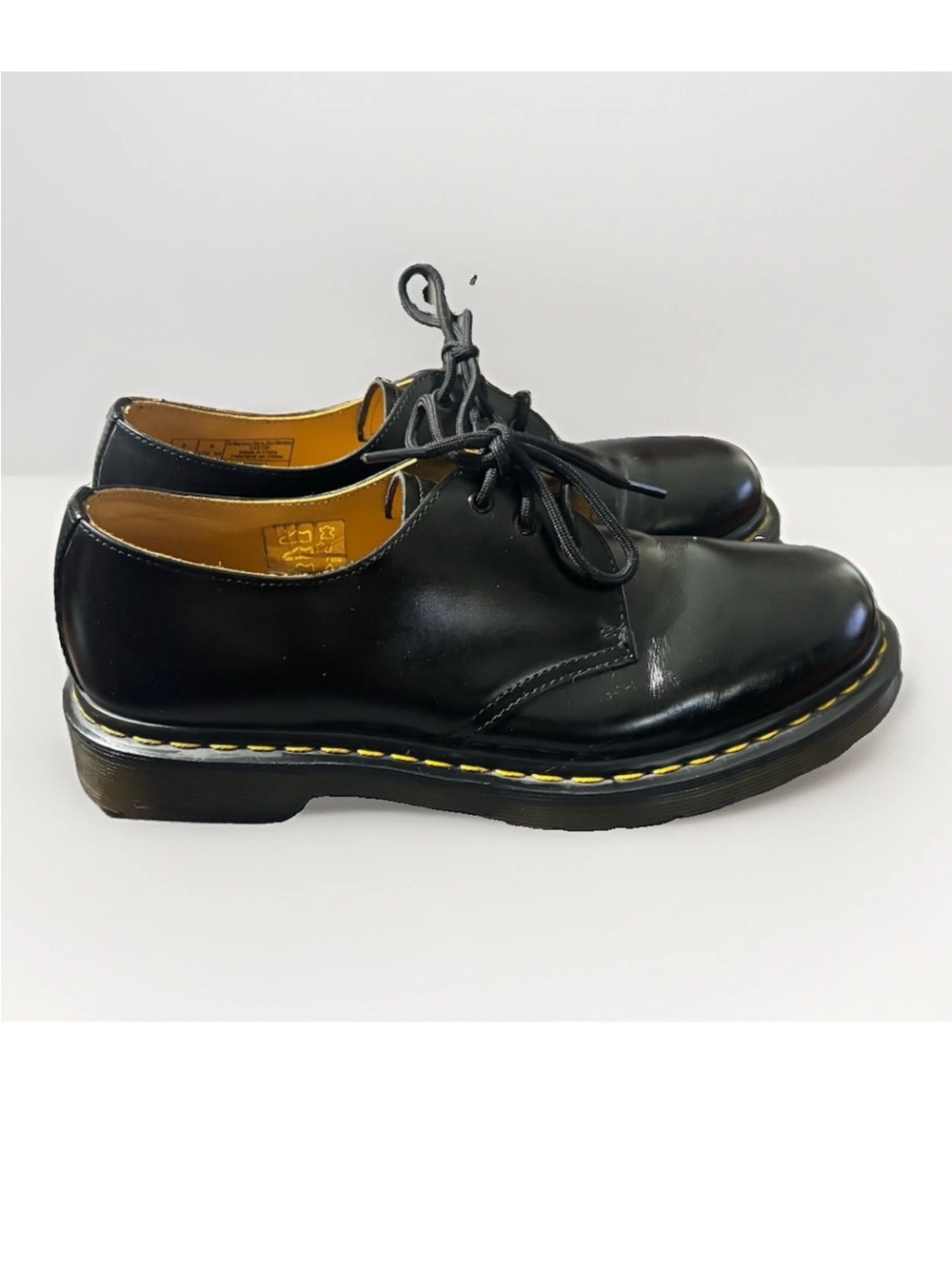 Dr. Martens Black Leather 3-Eye Derby with Yellow Welt Stitch